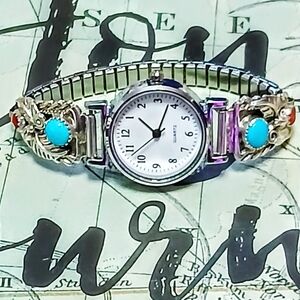 Sterling Silver/Turquoise/Coral Navajo Watch Tips Silvery Watch/Expanssion Band